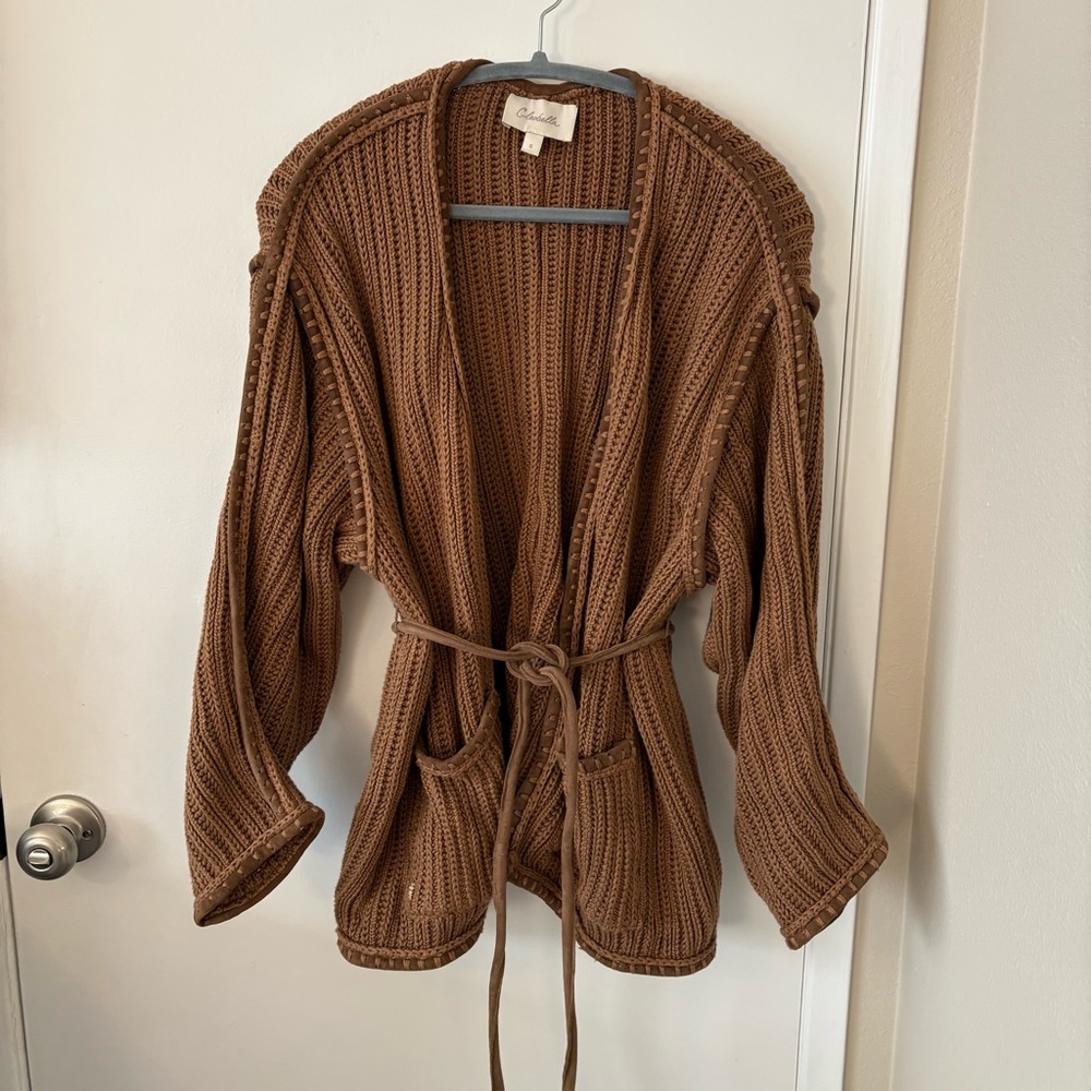 Cleobella Brown Ribbed Knit Belted Cardigan
